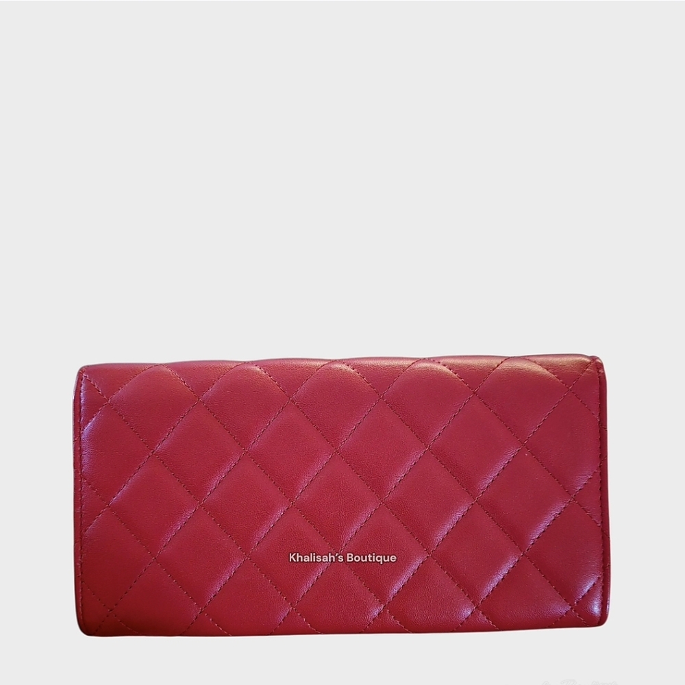 Like NEW! CHANEL LAMB SKIN RED QUILTED LONG WALLET SILVER HARDWARE - Picture 3 of 12
